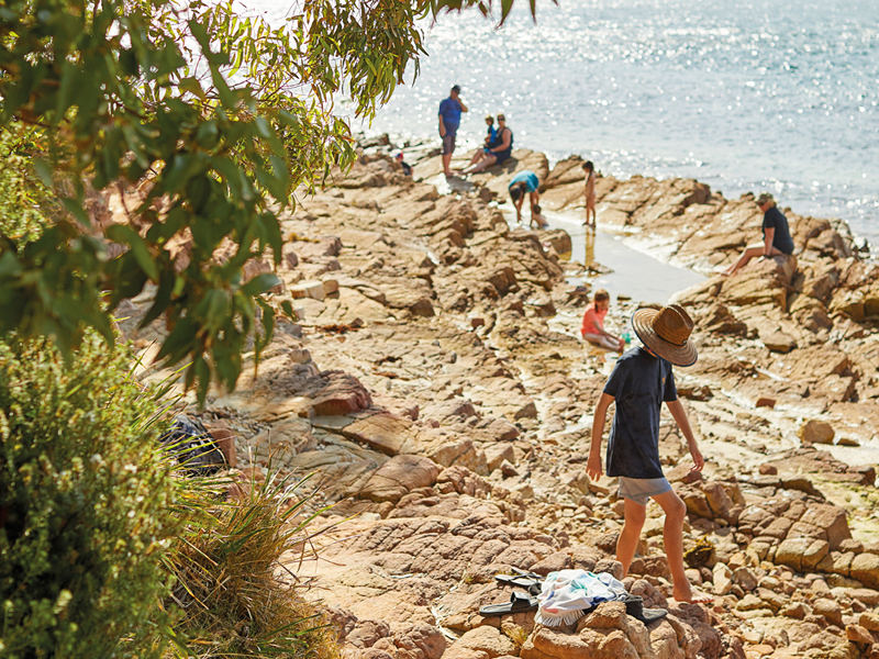 Families exploring rock pools on the rocky coastline at Port Stephens, Australia, with ocean views and summer sunshine.