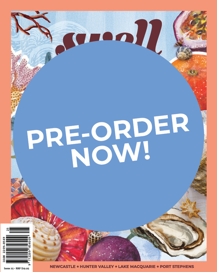 Pre-order graphic for Swell Magazine Issue 25, featuring a blue circle with the text ‘Pre-order Now!’ over illustrated seashells and coastal artwork.